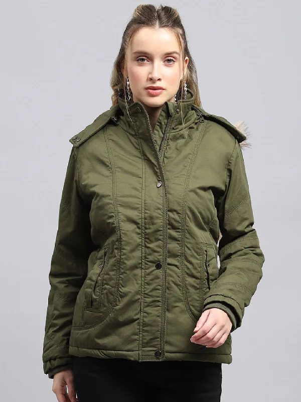 Women Green Solid Detachable Hood Full Sleeve Jacket Modern Women's 