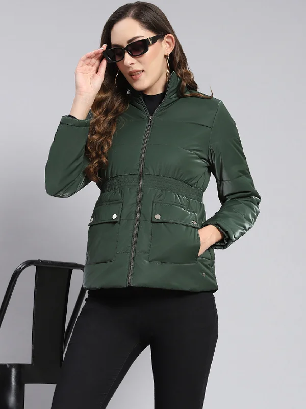 Women Green Solid Stand Collar Full Sleeve Jackets Country