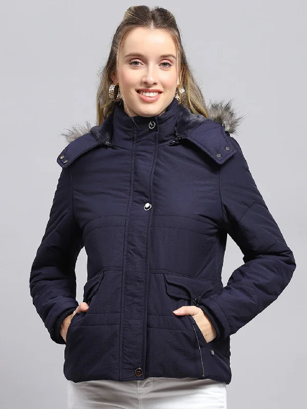 Women Navy Blue Solid Detachable Hood Full Sleeve Jacket Athletic Women's High - 