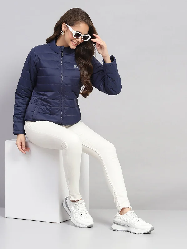 Women Navy Blue Solid Mock Neck Full Sleeve Jacket Confident Women's High - fashion