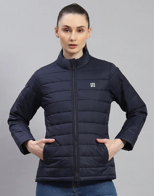 Women Navy Blue Solid Stand Collar Full Sleeve Jacket Hip Women's Urban