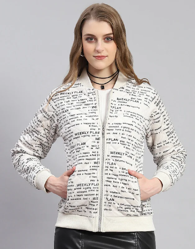 Women Off White Printed Mandarin Collar Full Sleeve Jacket French