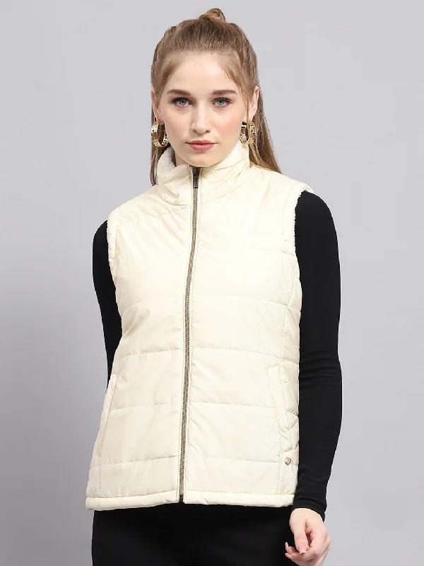 Women Off White Solid Mock Neck Sleeveless Jacket Refined Women's Hand - crafted