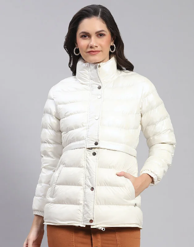 Women Off White Solid Stand Collar Full Sleeve Jacket Rugged Women's Outdoor 