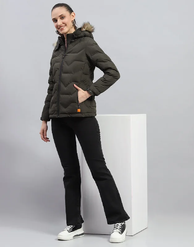 Women Olive Solid Hooded Full Sleeve Jacket Dynamic Women's High - energy