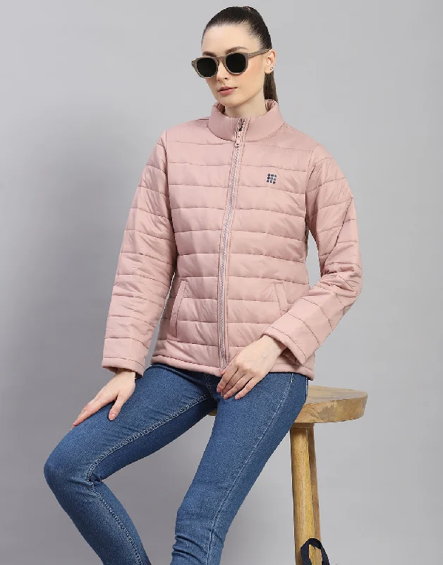Women Peach Solid Stand Collar Full Sleeve Jacket Cool Women's Distressed