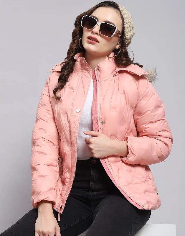 Women Pink Solid Hooded Full Sleeve Jacket Classic Women's Pin - striped