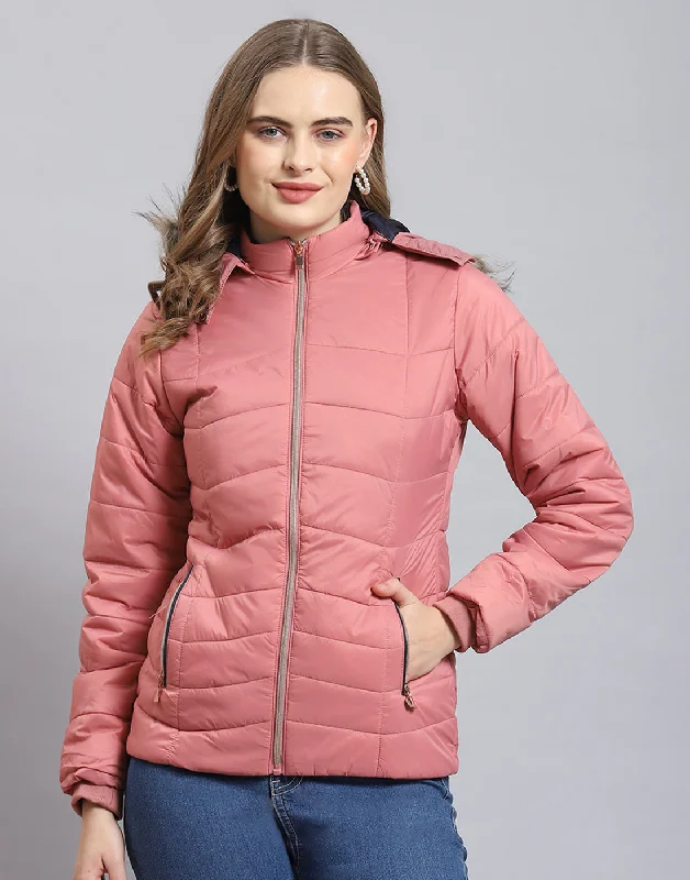 Women Pink Solid Hooded Full Sleeve Heating Jacket Relaxed Women's Beachy