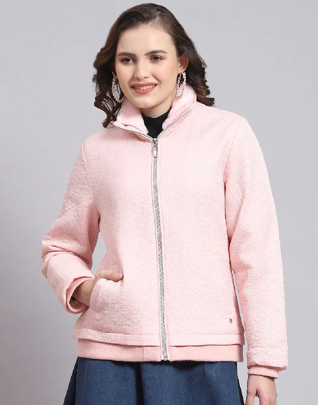 Women Pink Solid Stand Collar Full Sleeve Jacket Feminine Women's Style 