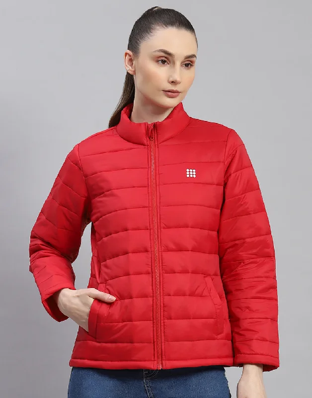 Women Red Solid Stand Collar Full Sleeve Jacket Sophisticated Women's 