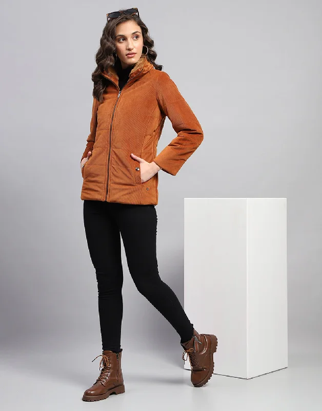 Women Rust Solid High Neck Full Sleeve Jacket Women