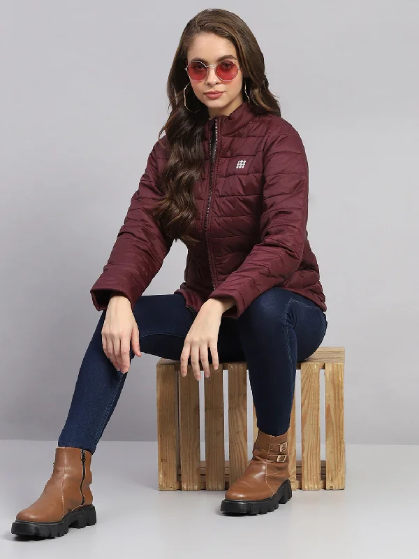 Women Rust Solid Mock Neck Full Sleeve Jacket Artistic Women's Hand - painted