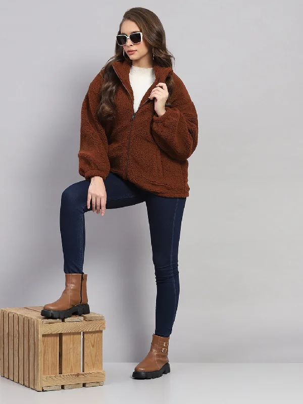 Women Rust Solid Mock Neck Full Sleeve Jacket Traditional Women's Wool