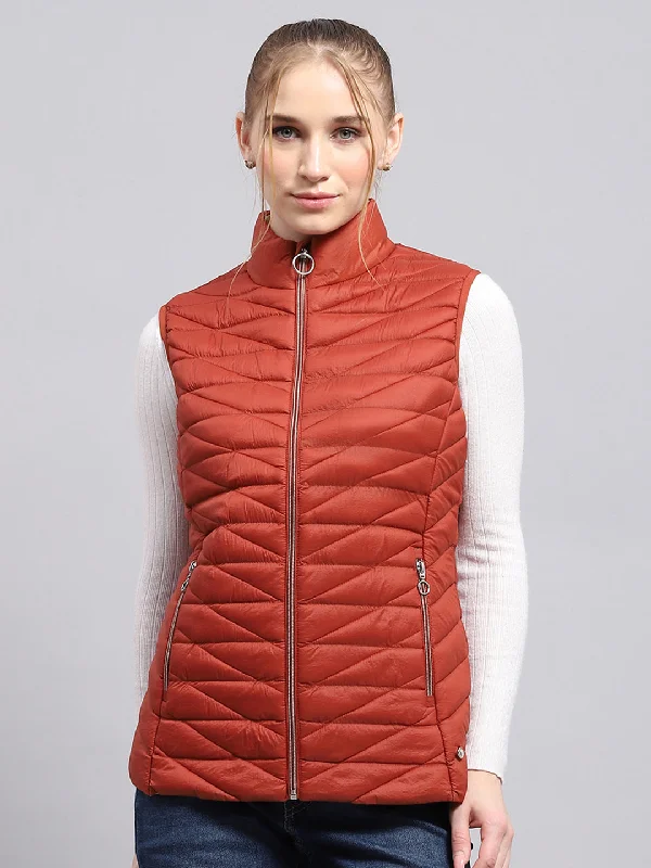 Women Rust Solid Mock Neck Sleeveless Jacket Stylish Women's Neon