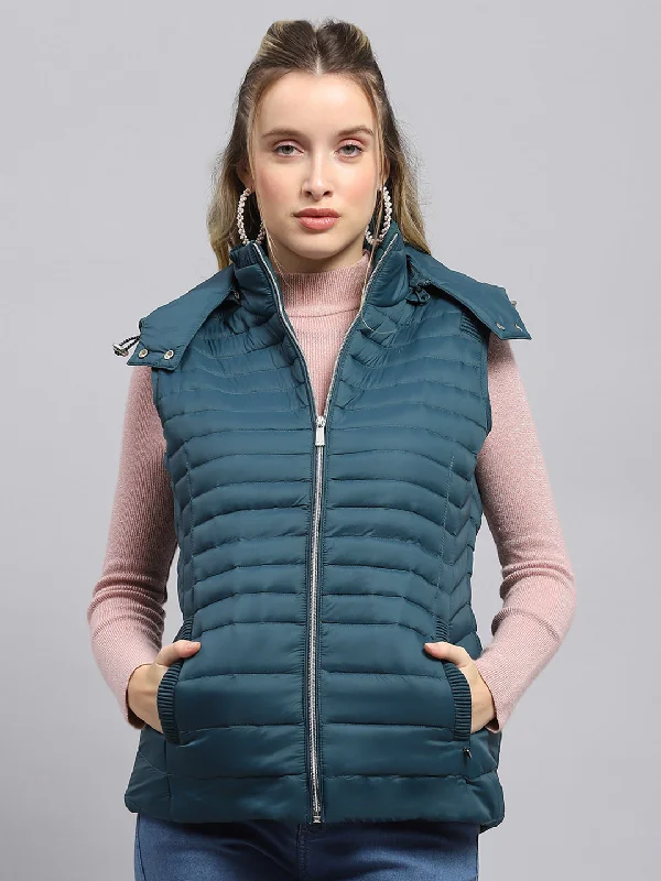 Women Teal Blue Solid Detachable Hood Sleeveless Jacket Sophisticated Women's Tailored