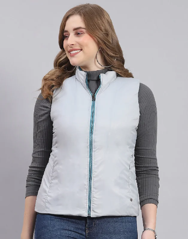 Women Teal Blue Solid Stand Collar Sleeveless Jacket Luxurious Women's High -  end