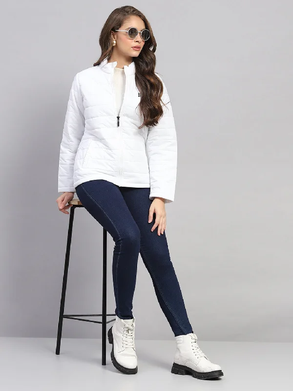Women White Solid Mock Neck Full Sleeve Jacket Youthful Women's Anime - inspired