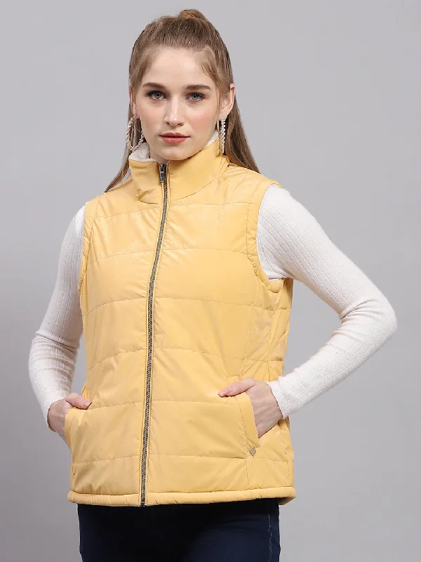 Women Yellow Solid Mock Neck Sleeveless Jacket Cool Women's Distressed