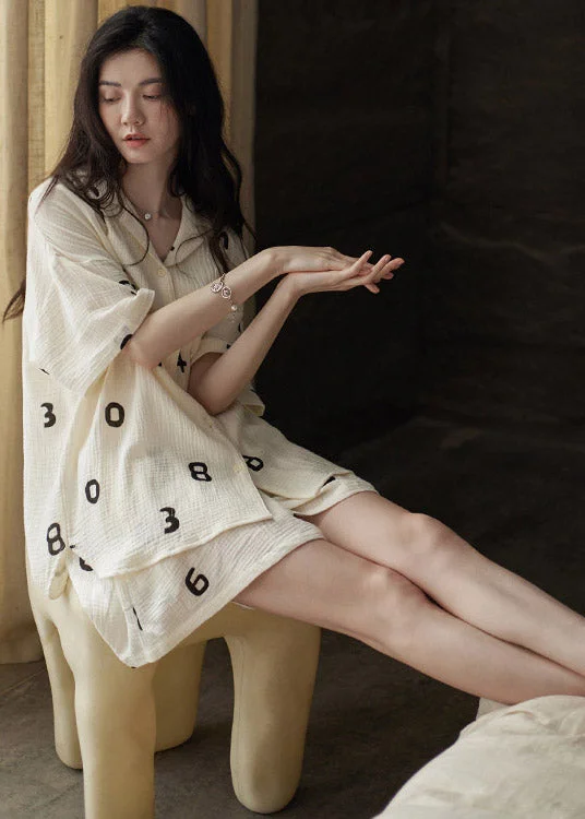 Art Beige Peter Pan Collar Animal Print Cotton Pajamas Two Pieces Set Short Sleeve Sporty Women's Tennis Art Beige Peter Pan Collar Animal Print Cotton Pajamas Two Pieces Set Short Sleeve Sporty Women's Tennis