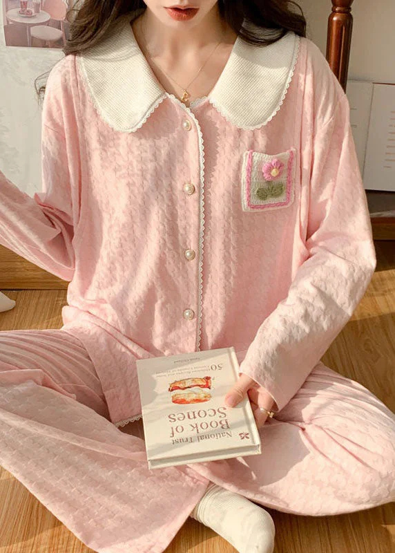 Beautiful Pink Patchwork Floral Cotton Pajamas Two Pieces Set Spring Adventure