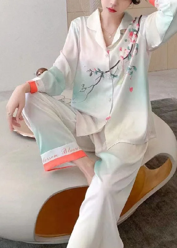 Beautiful White Turn-down Collar Print Draping Ice Silk Pajamas Two Piece Set Women Clothing Spring Artistic Women's Hand - painted Beautiful White Turn-down Collar Print Draping Ice Silk Pajamas Two Piece Set Women Clothing Spring Artistic Women's Hand - painted