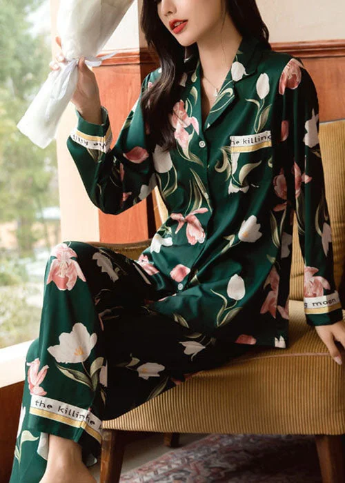 Blackish Green Ice Silk Pajamas Two Pieces Set Oversized Pocket Spring Disco