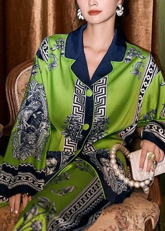 Bohemian Green Peter Pan Collar Print Ice Silk Pajamas Two Pieces Set Spring Elegant Women's Formal Bohemian Green Peter Pan Collar Print Ice Silk Pajamas Two Pieces Set Spring Elegant Women's Formal