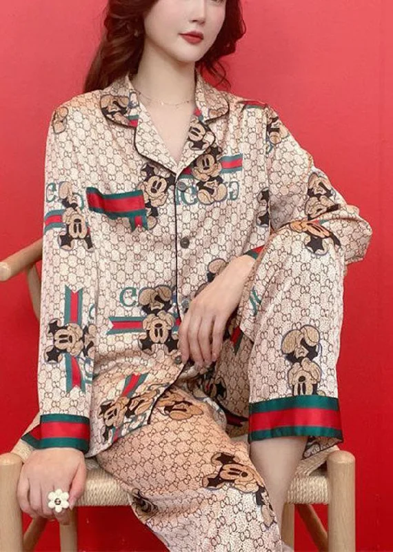 Bohemian Khaki Mickey Print Peter Pan Collar Ice Silk Pajamas Two Piece Set Spring Classic Women's Pin - striped Bohemian Khaki Mickey Print Peter Pan Collar Ice Silk Pajamas Two Piece Set Spring Classic Women's Pin - striped
