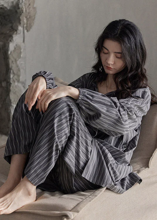Bohemian Peter Pan Collar Striped Button Cotton Pajamas Two Pieces Set Spring Hip Women's Retro