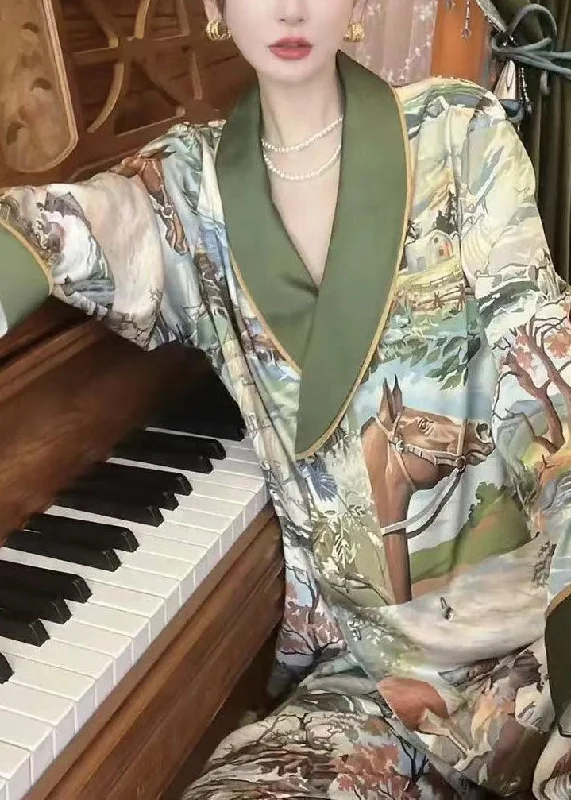 Boutique Green Print Patchwork Lace Up Ice Silk Pajamas Two Pieces Set Spring Geometric Boutique Green Print Patchwork Lace Up Ice Silk Pajamas Two Pieces Set Spring Geometric