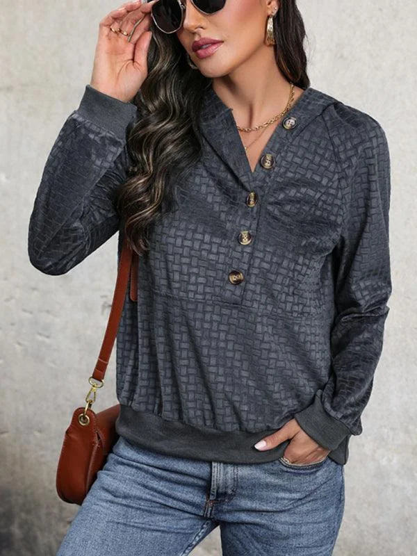 Buttoned Textured Women Hoodie Stylish Women's Tropical 