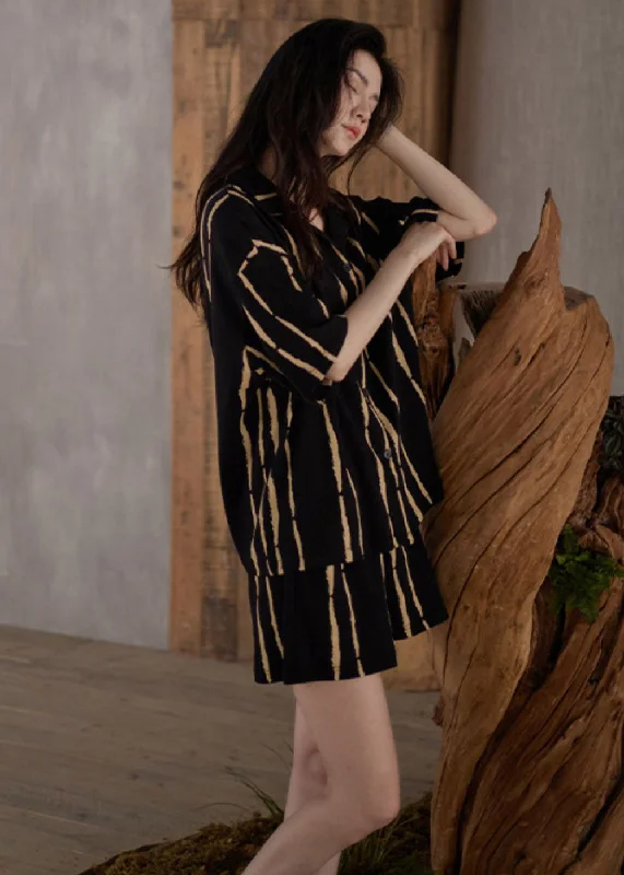 Casual Yellow Striped Button Cotton Pajamas Two Pieces Set Summer Sleek Women's Metallic Casual Yellow Striped Button Cotton Pajamas Two Pieces Set Summer Sleek Women's Metallic