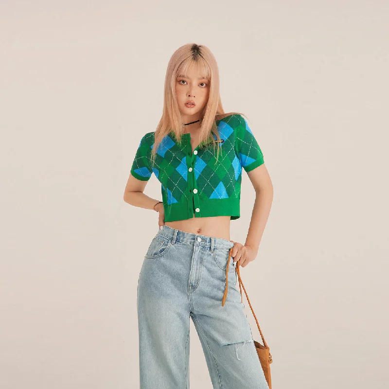Argyle Short-Sleeved Crop Cardigan Street