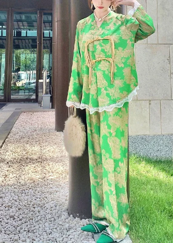 Chic Green Oriental Button Lace Patchwork Ice Silk Pajamas Two Pieces Set Spring Sleek Women's Chic Green Oriental Button Lace Patchwork Ice Silk Pajamas Two Pieces Set Spring Sleek Women's