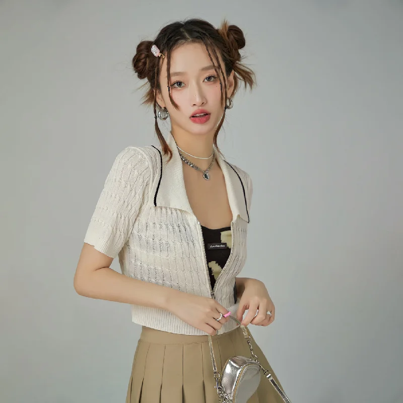 Zip-Up Cable Knit Crop Cardigan Casual Women's Japanese 
