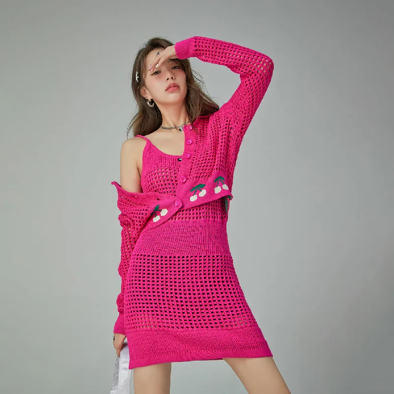 Hot Pink Cherry Crochet Crop Cardigan Sharp Women's Italian
