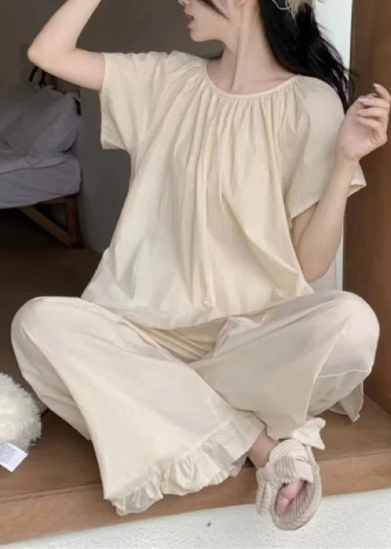 Cute Apricot O Neck Cotton Two Pieces Set Pajamas Summer Unique Women's Upcycled