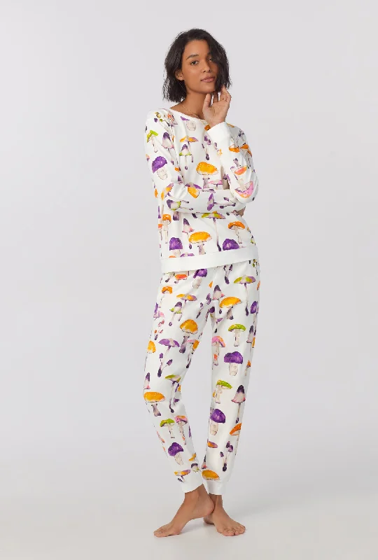 Dazzling Mushrooms Long Sleeve Pullover Crew and Jogger Stretch Jersey PJ Set Youthful Women's Pop Dazzling Mushrooms Long Sleeve Pullover Crew and Jogger Stretch Jersey PJ Set Youthful Women's Pop