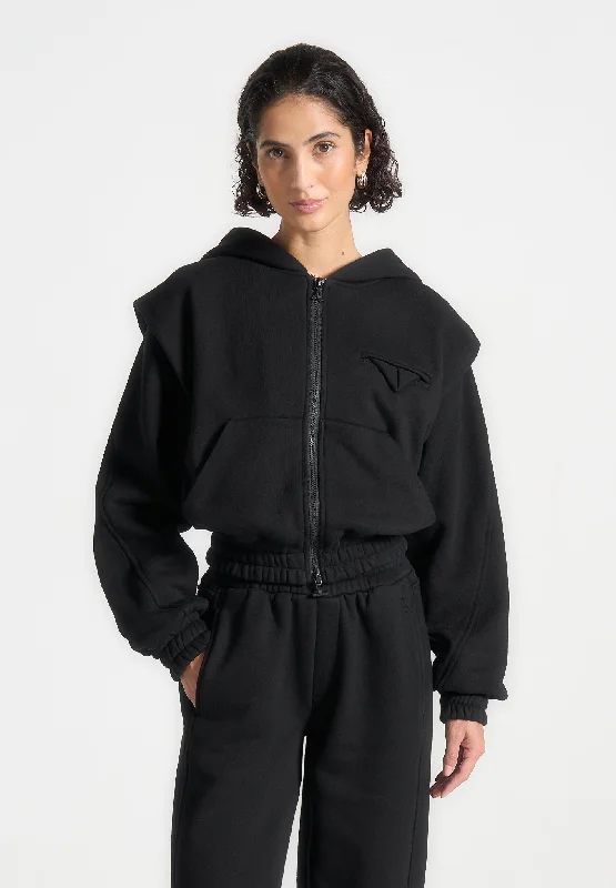 Éternelle Wide Shoulder Zip Through Hoodie - Black Minimalist Women's Casual
