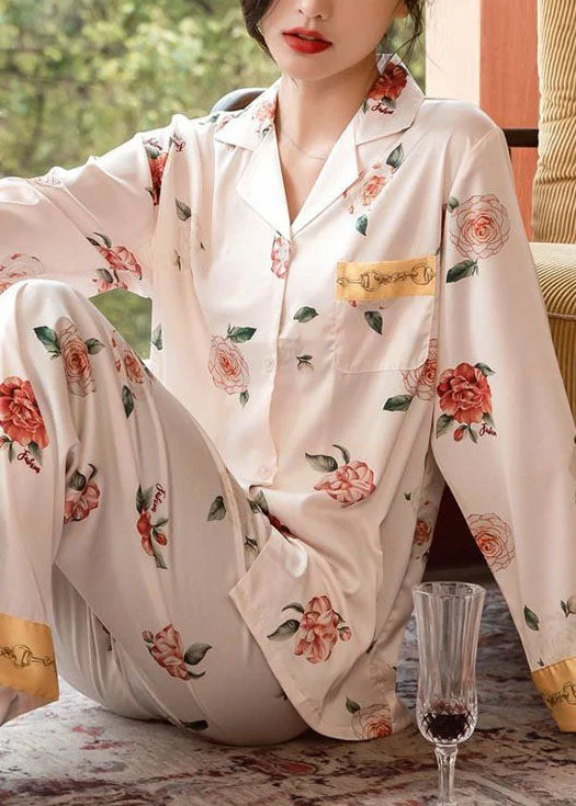 Fashion Light Pink Patchwork Print Silk Pajamas Two-Piece Set Spring Athletic Women's Fashion Light Pink Patchwork Print Silk Pajamas Two-Piece Set Spring Athletic Women's