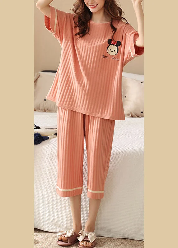 Fashion Orange Animal Print Cotton Pajamas Two Pieces Set Short Sleeve Vintage Women's 1970S Fashion Orange Animal Print Cotton Pajamas Two Pieces Set Short Sleeve Vintage Women's 1970S