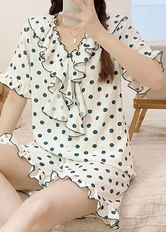 French White Ruffled Dot Patchwork Knitting Cotton Pajamas Outfit Summer Streetwear Style for French White Ruffled Dot Patchwork Knitting Cotton Pajamas Outfit Summer Streetwear Style for