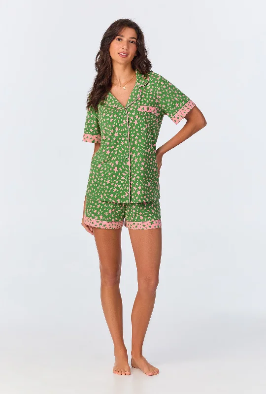 Green Starlight Short Sleeve Classic Shorty Stretch Jersey PJ Set Dapper Women's Bow - adorned Green Starlight Short Sleeve Classic Shorty Stretch Jersey PJ Set Dapper Women's Bow - adorned