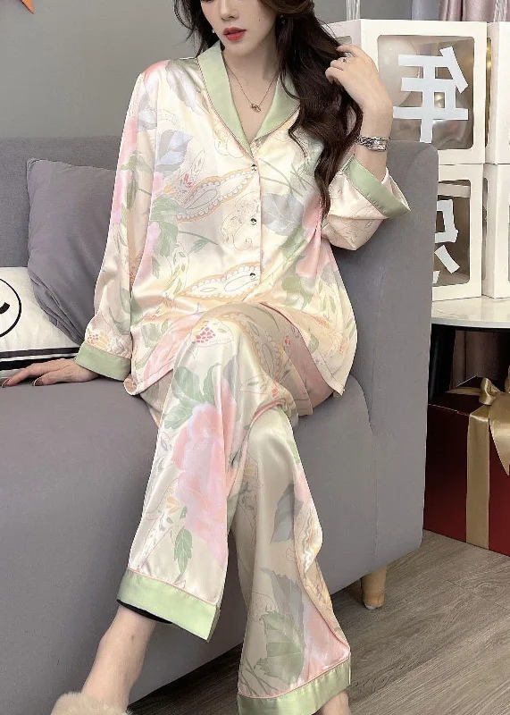 Italian Oversized Patchwork Print Ice Silk Pajamas Two Pieces Set Spring French