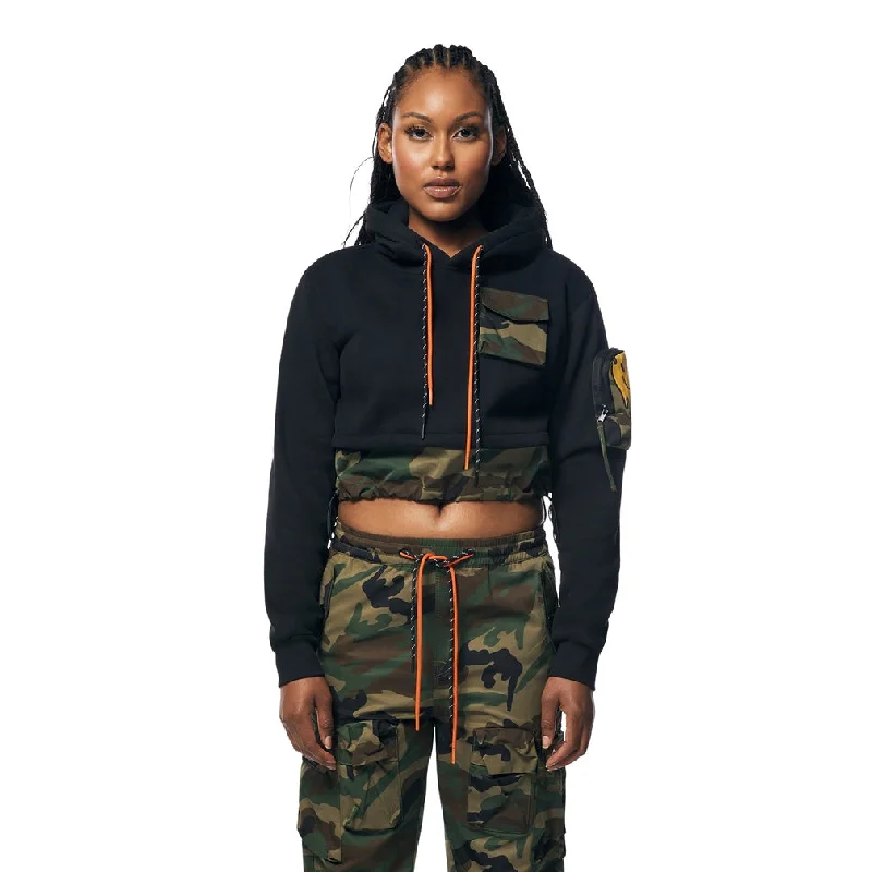 Cropped Mix Media Fleece Hoodie - Black Earthy Women's 
