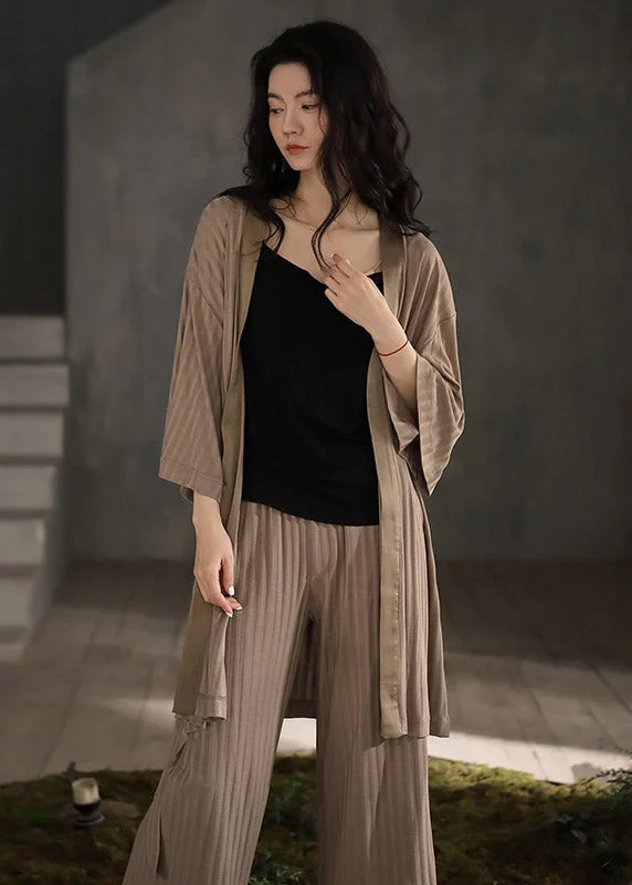 Natural Coffee V Neck Striped Tie Waist Knit Pajamas Three Piece Set Long Sleeve Confident Women's High - fashion Natural Coffee V Neck Striped Tie Waist Knit Pajamas Three Piece Set Long Sleeve Confident Women's High - fashion