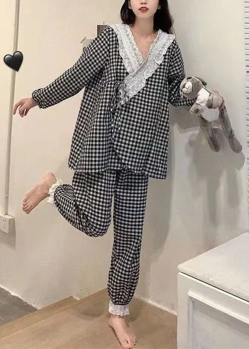 New Plaid V Neck Lace Up Cotton Pajamas Two Pieces Set Spring Athletic Women's High - New Plaid V Neck Lace Up Cotton Pajamas Two Pieces Set Spring Athletic Women's High -