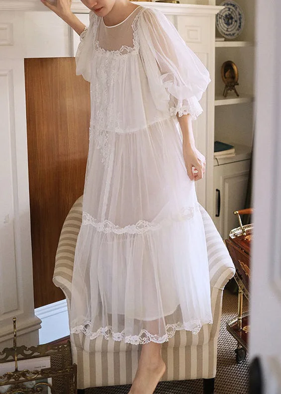 New White Lace Patchwork Tulle Pajamas Dress Lantern Sleeve Hip Women's Urban