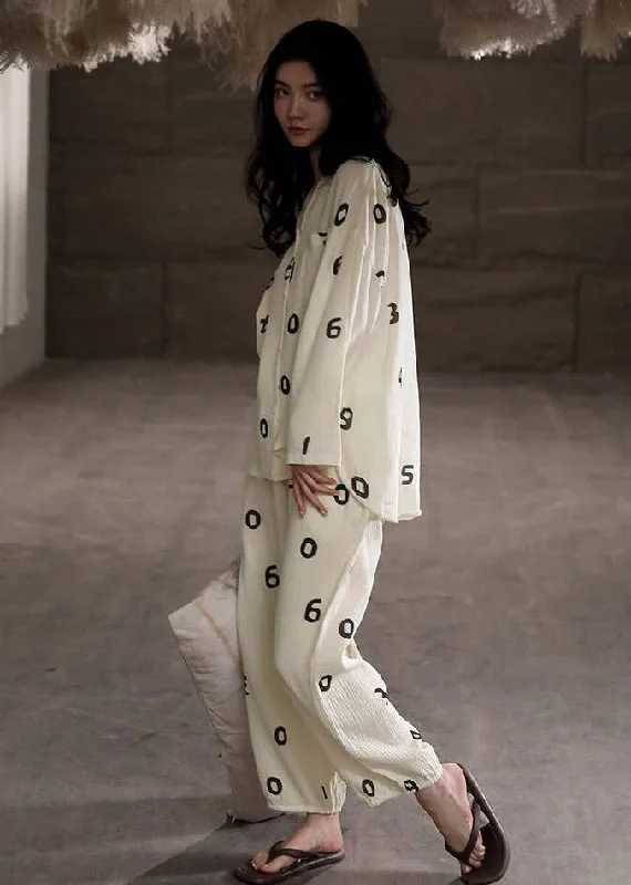 Plus Size Beige Print Button Low High Design Cotton Pajamas Two Pieces Set Long Sleeve Sharp Women's Italian Plus Size Beige Print Button Low High Design Cotton Pajamas Two Pieces Set Long Sleeve Sharp Women's Italian