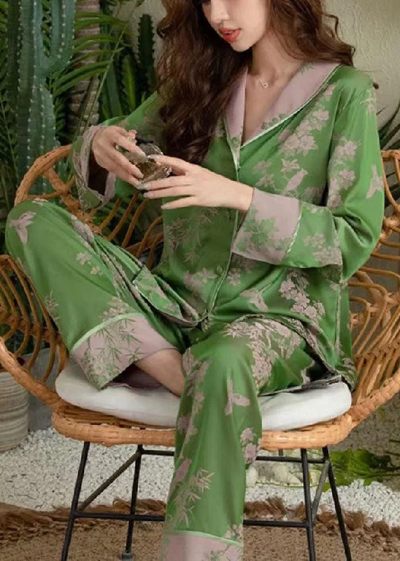 Plus Size Green Peter Pan Collar Patchwork Print Ice Silk Pajamas Two Pieces Set Spring Earthy Women's Hemp - based